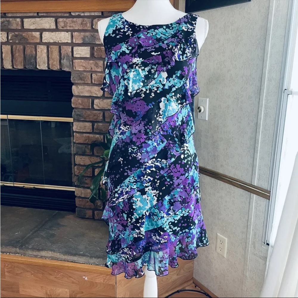 SL Fashions Purple Turquoise Floral Asymmetric Capelet mini Dress Chiffon Sz 6